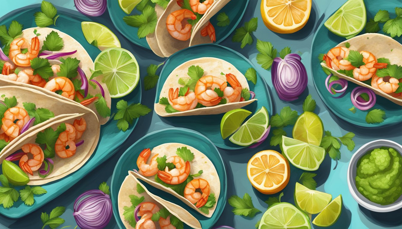 A colorful plate of shrimp tacos with vibrant lime and cardamom garnishes