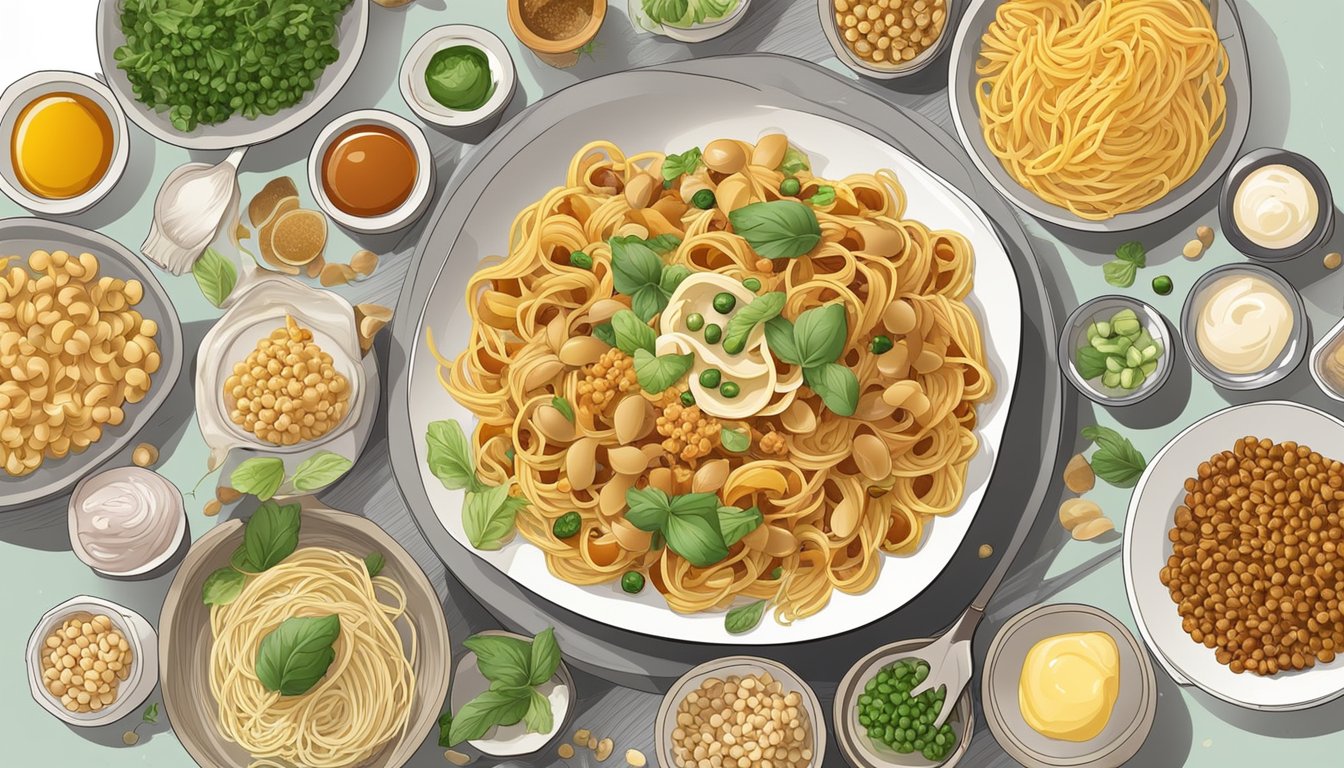 A plate of pasta with natto sauce surrounded by various ingredients and condiments, with a modern and innovative twist