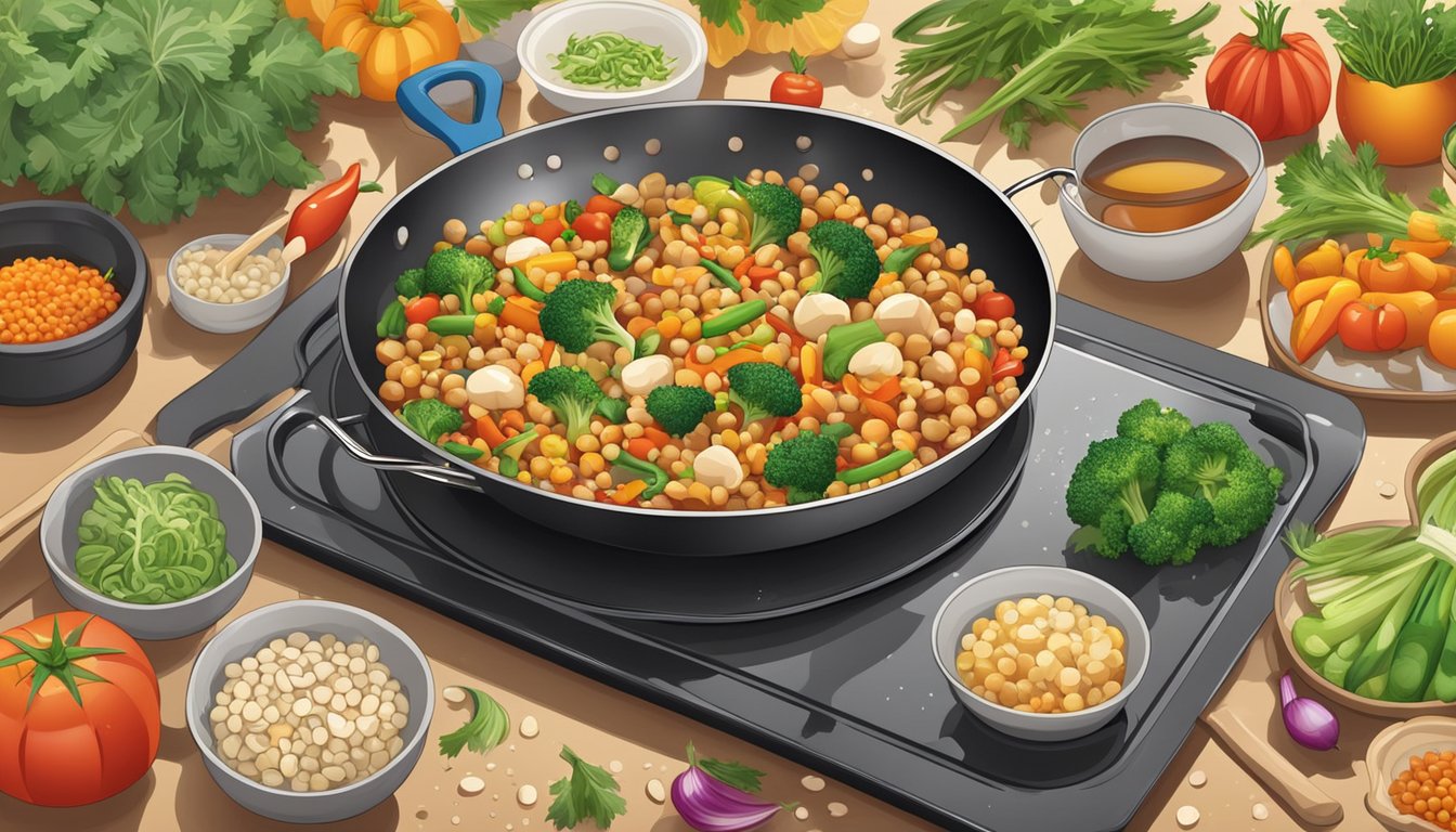 A sizzling pan with colorful vegetables and natto being stir-fried, surrounded by various kitchen utensils and ingredients