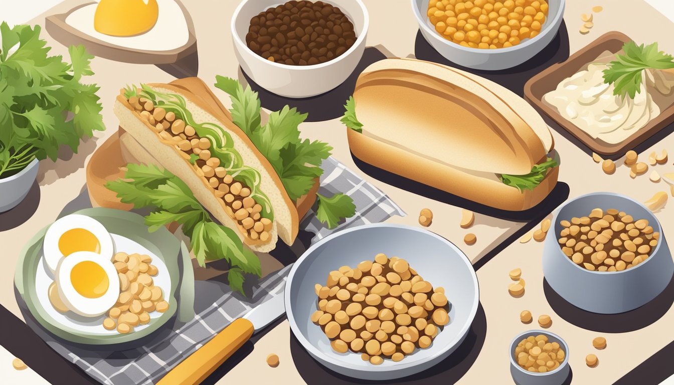 A sandwich with natto and cheese, surrounded by various ingredients and utensils for creating innovative natto dishes