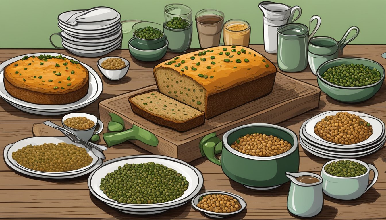 A rustic table set with a lentil loaf topped with savory glaze, surrounded by 15 dishes made with green lentils