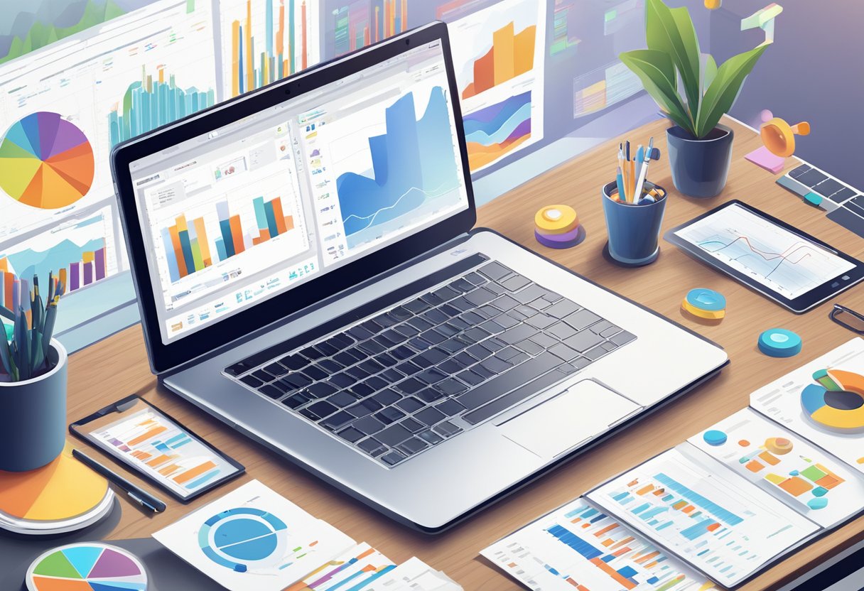 A laptop on a desk with various digital marketing tools and platforms displayed on the screen, surrounded by charts and graphs showing data analysis and strategy planning