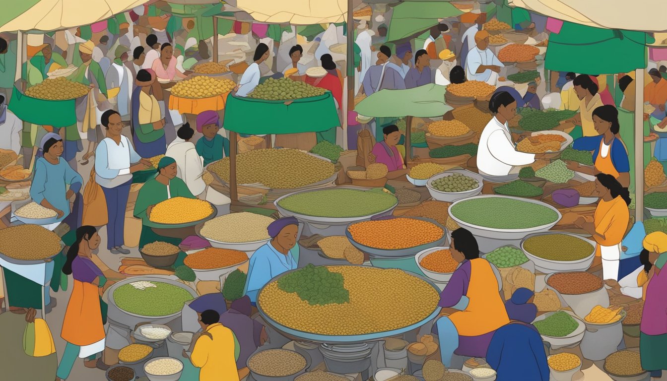 A bustling marketplace with vendors selling dishes from around the world, featuring green lentils as the central ingredient. The colorful array of dishes reflects the cultural significance of global cuisine