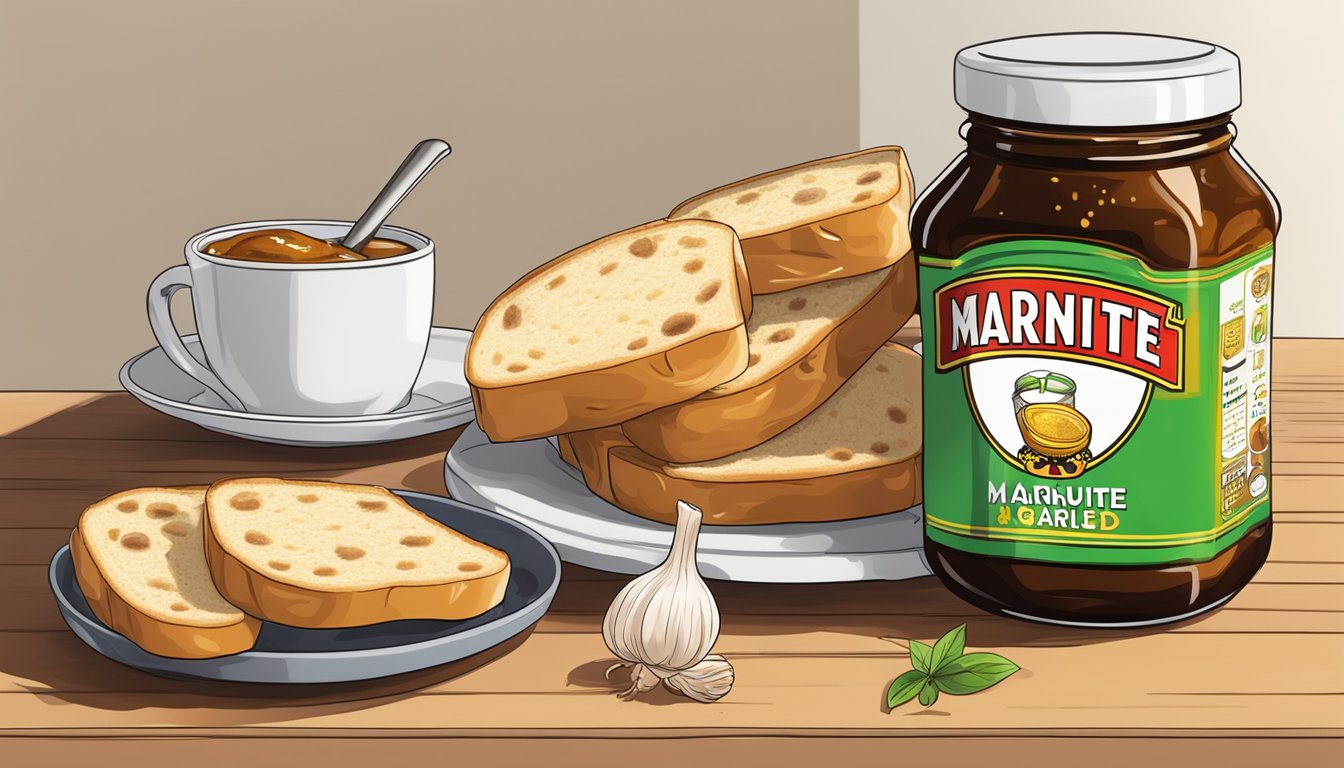 A slice of garlic bread is being generously spread with Marmite, with a jar of Marmite in the background