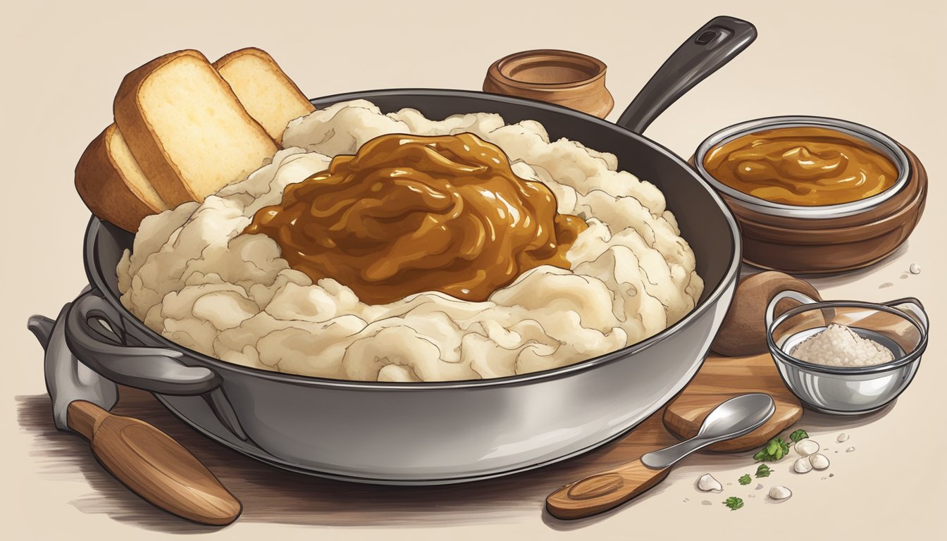 A steaming bowl of mashed potatoes with a dollop of Marmite on top, surrounded by various cooking utensils and ingredients