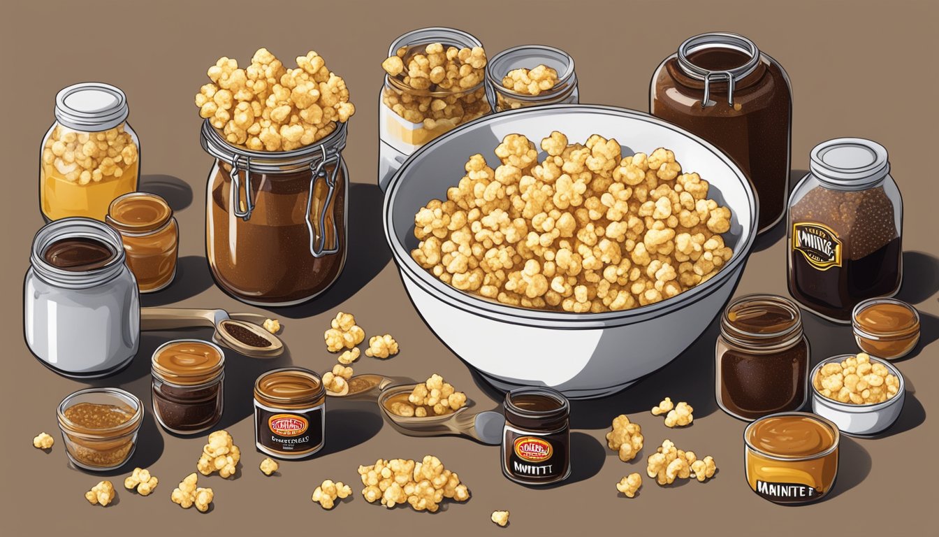 A bowl of buttery popcorn with a rich, brown Marmite glaze, surrounded by jars of Marmite and various cooking ingredients