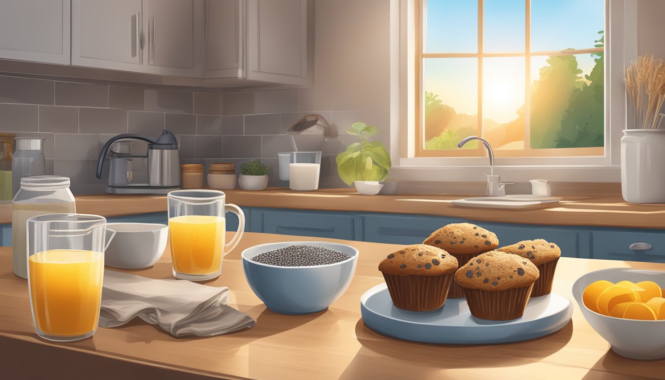 A kitchen counter with a plate of chia seed muffins surrounded by ingredients like chia seeds, almond milk, and honey. Sunrise streams in through a nearby window