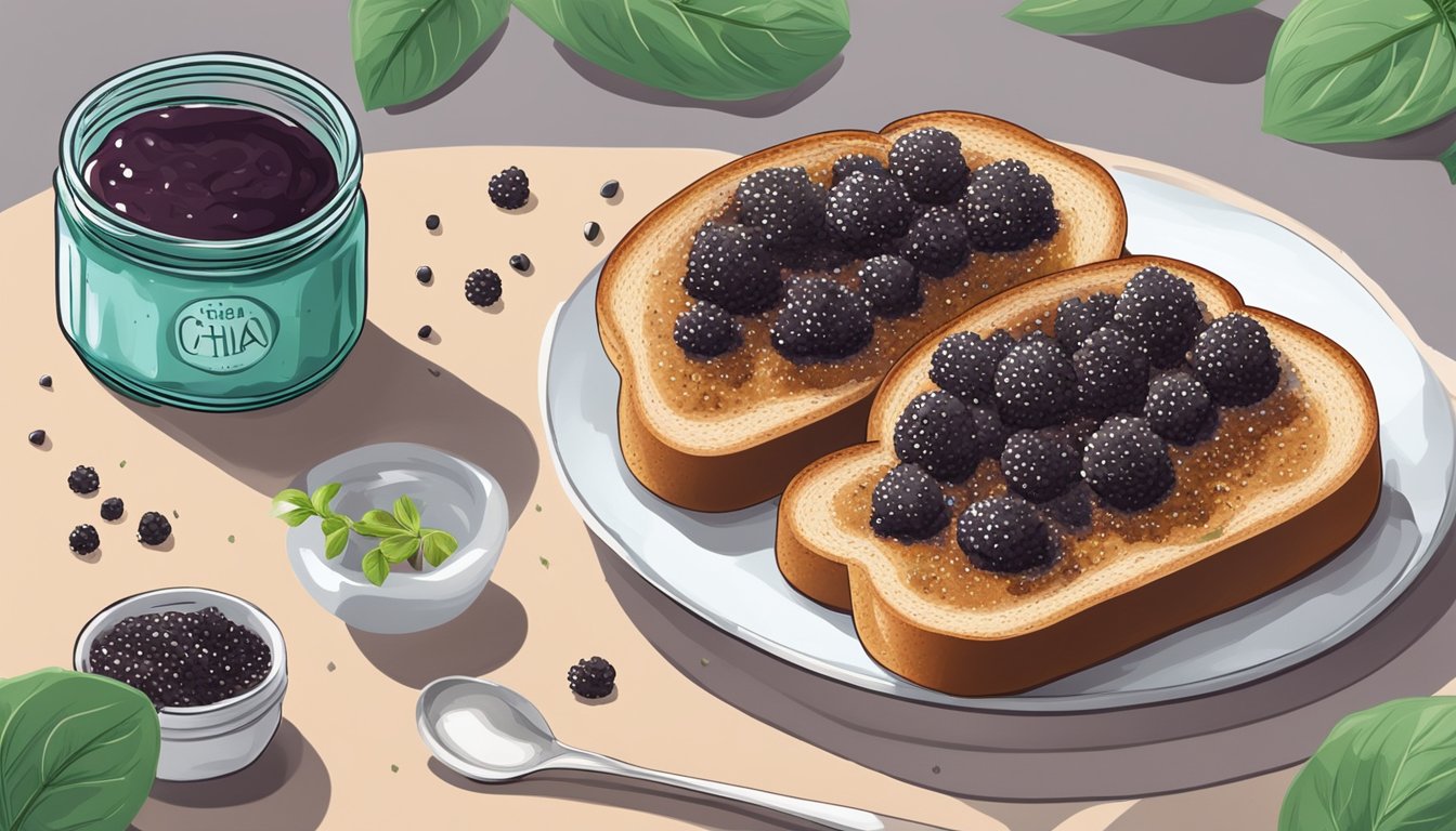 A slice of toast topped with chia seed jam, surrounded by scattered chia seeds and a jar of jam