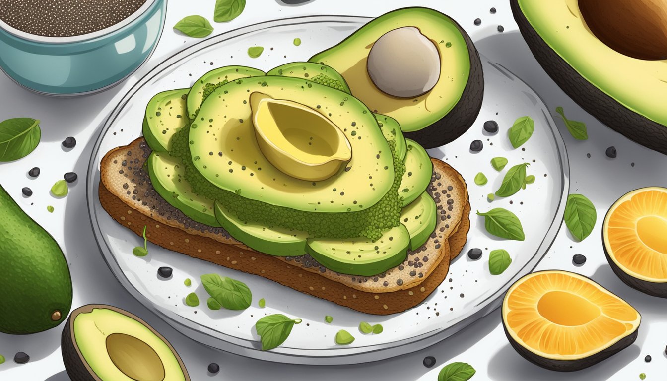 A slice of avocado toast topped with chia seeds on a plate, surrounded by ingredients such as avocados and chia seeds