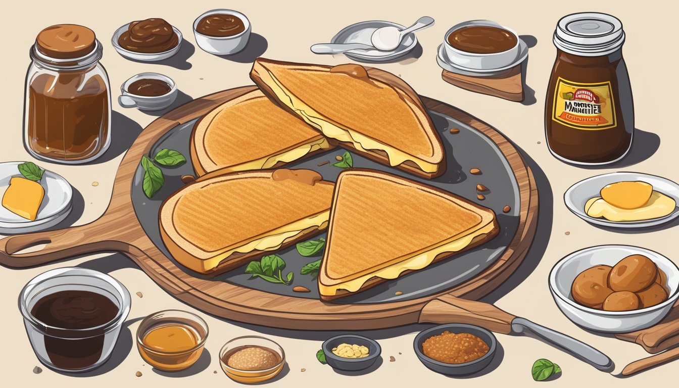 A grilled cheese sandwich oozing with Marmite, surrounded by various ingredients and cooking utensils, with a list of 10 surprising ways to cook with Marmite in the background