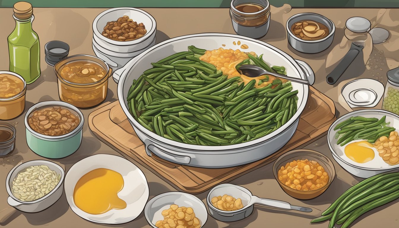 A bubbling green bean casserole, with a dollop of Marmite being stirred in, surrounded by various other ingredients and cooking utensils