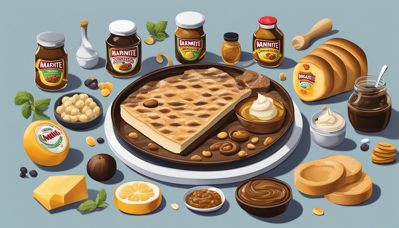 A jar of Marmite surrounded by various food items, showcasing its versatility in cooking