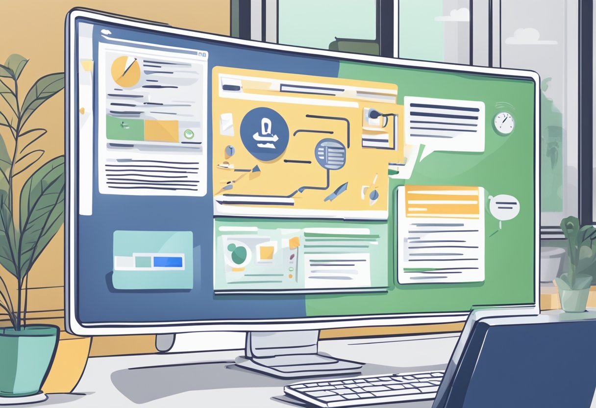 A computer screen displaying a webinar advertisement on Facebook, with various strategies and goals written on a whiteboard in the background
