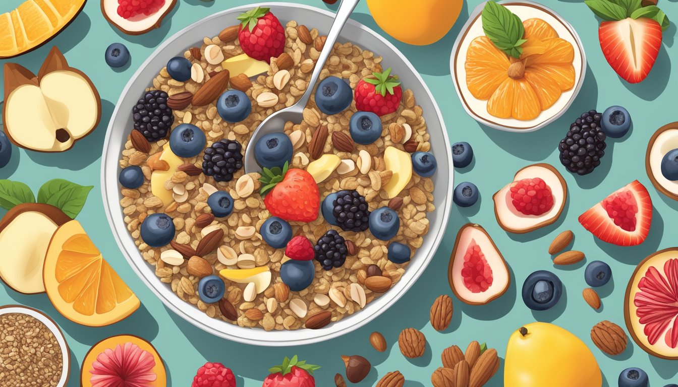 A bowl of chia seed granola mix with various fruits and nuts scattered around, surrounded by 25 different breakfast options