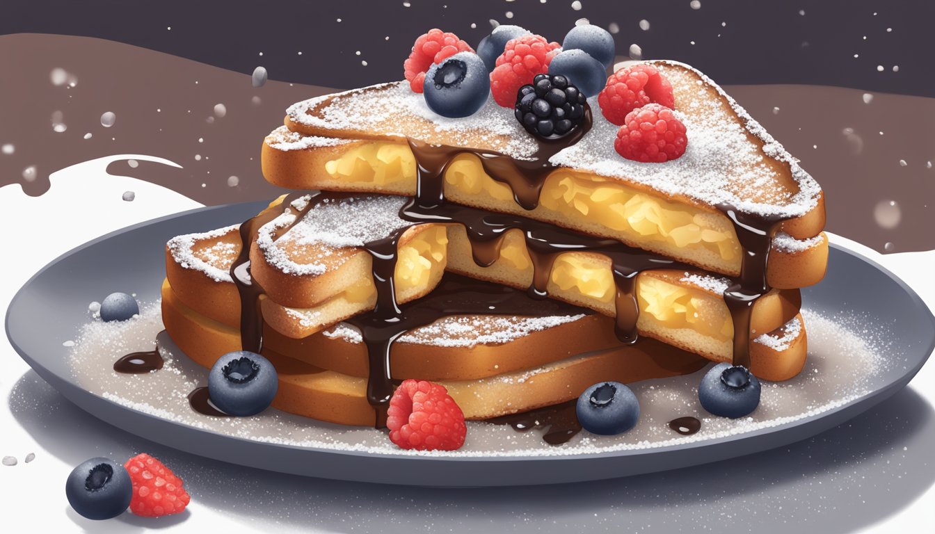 A stack of chia seed French toast with syrup dripping down the sides, surrounded by fresh berries and a dusting of powdered sugar