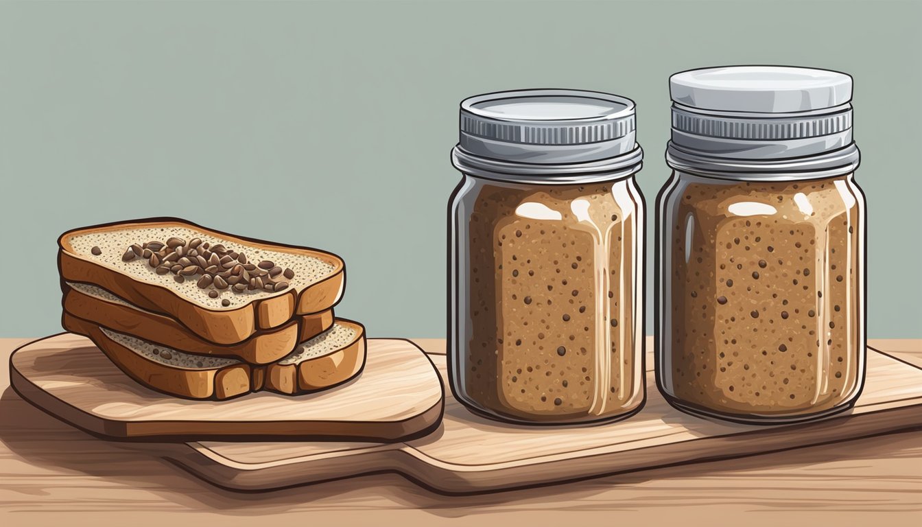 A slice of whole grain toast topped with chia seeds and nut butter, placed on a wooden cutting board next to a jar of chia seeds and a jar of nut butter