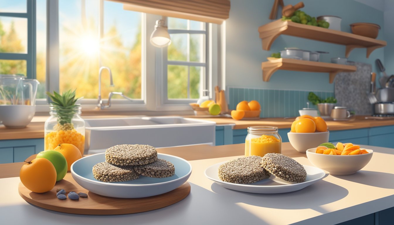 A bright kitchen counter with a plate of chia seed rice cakes, surrounded by ingredients like chia seeds, fruits, and nuts. Sunrise streams through the window