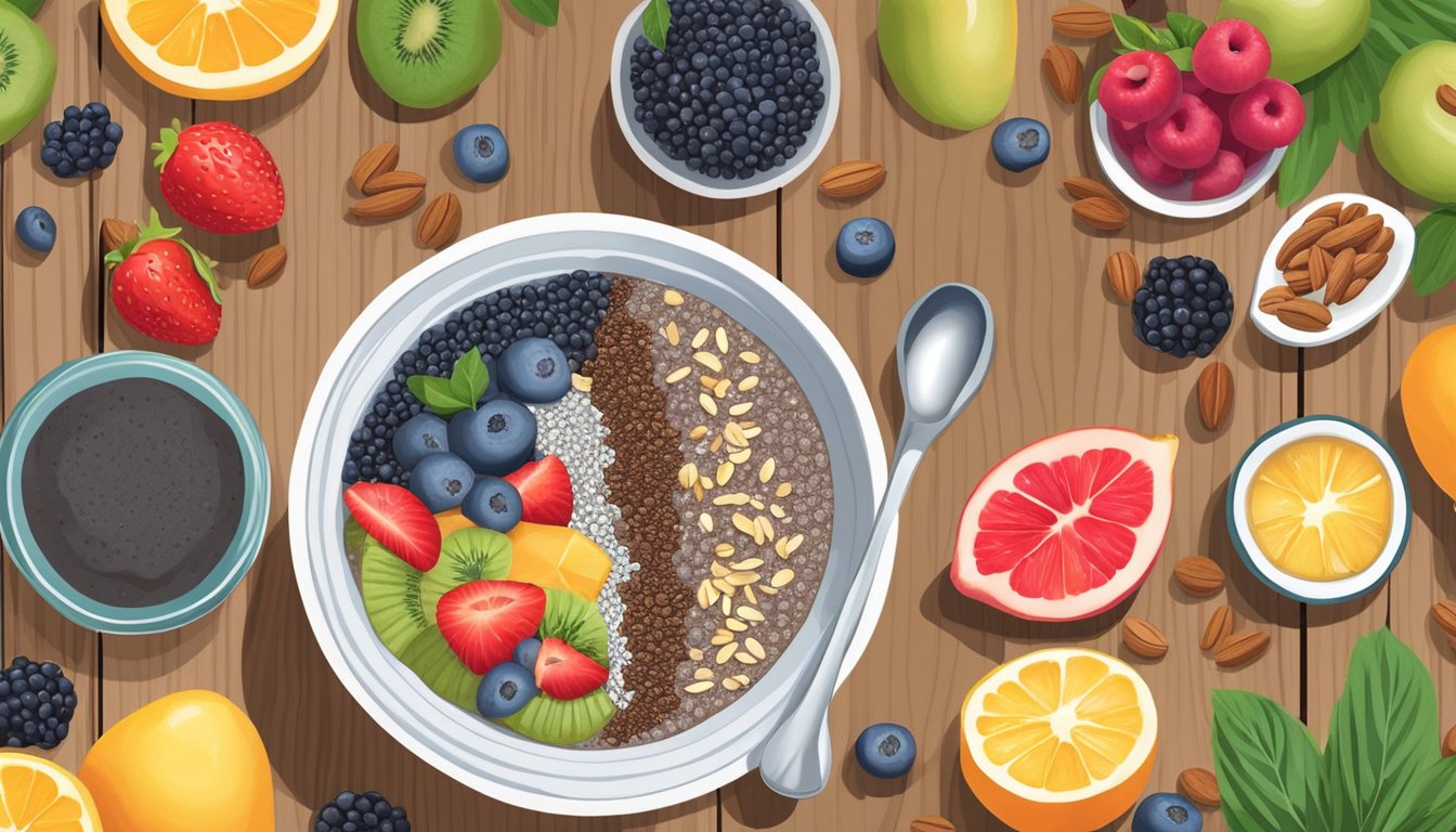 A vibrant chia seed smoothie bowl surrounded by fresh fruit and nuts, placed on a wooden table with a spoon beside it