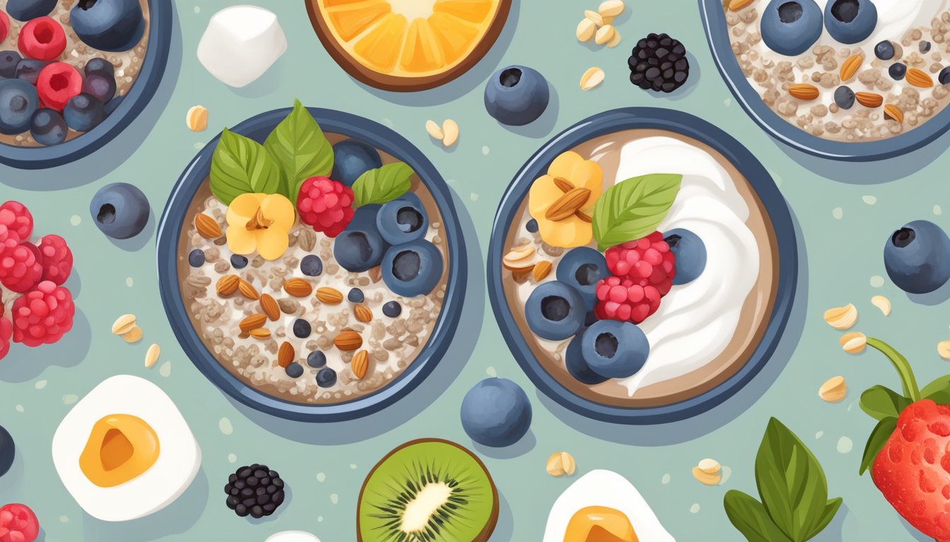 A bowl of chia seed pudding topped with fresh berries and nuts, surrounded by various breakfast options such as smoothies, oatmeal, and yogurt parfaits