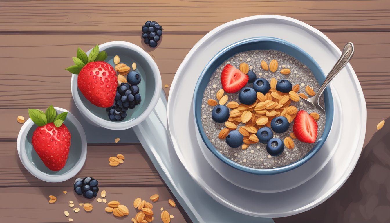 A bowl of chia seed pudding topped with fresh berries and a sprinkle of granola, next to a glass of chia seed-infused smoothie, all placed on a wooden breakfast table