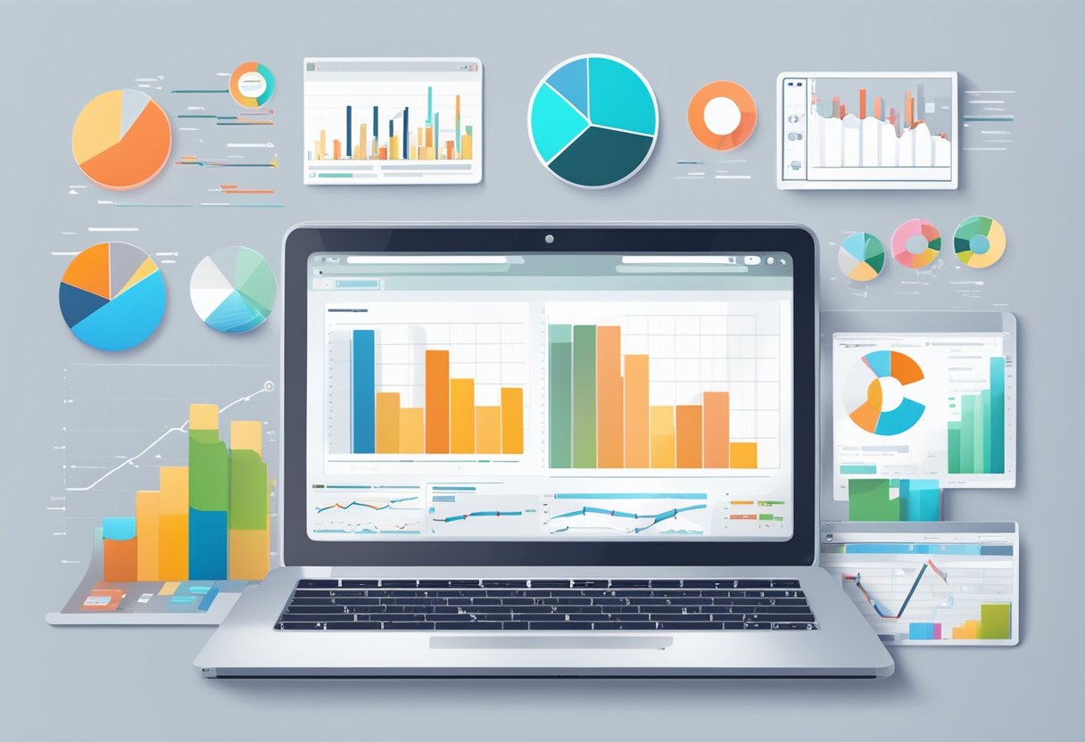 A laptop surrounded by various digital marketing tools and platforms, with analytics charts and graphs displayed on the screen