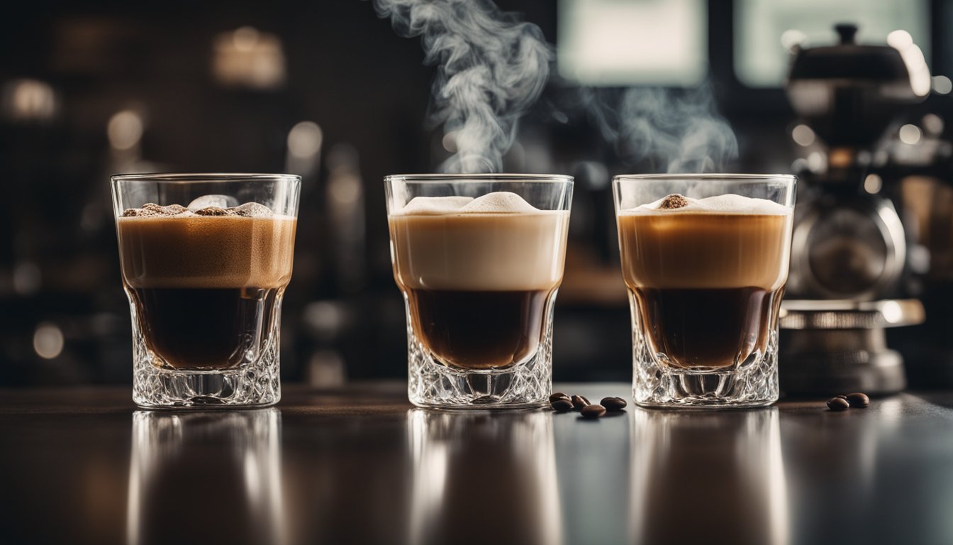 Three steaming coffee glasses, condensation on cold brew, vintage grinder, scattered beans, lab scale