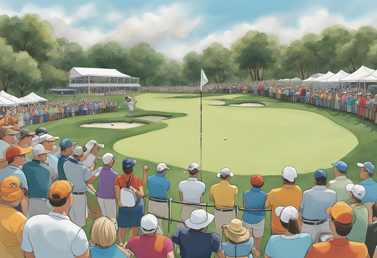 A golfer teeing off at The Annika LPGA event, with a crowd of spectators and media coverage in the background