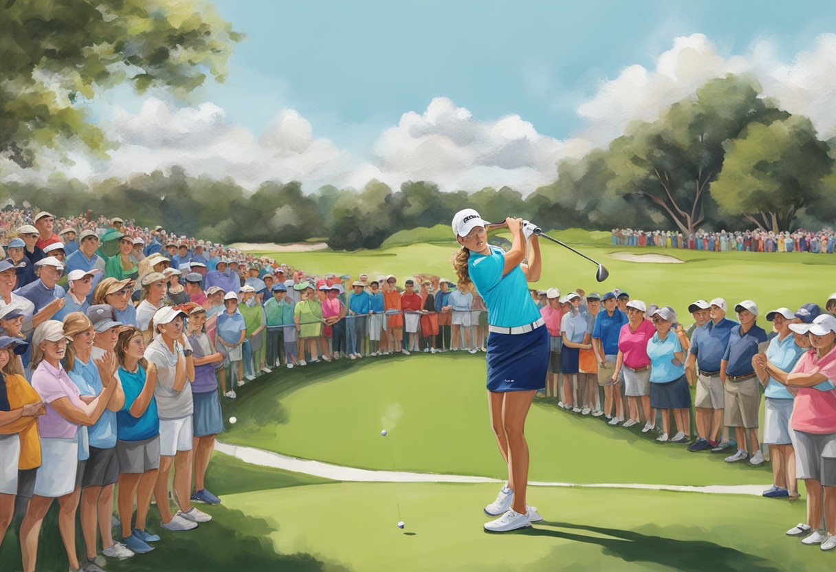 Caitlin Clark teeing off at The Annika LPGA event, with spectators watching from the sidelines