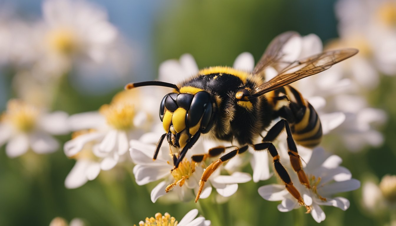 A wasp hovers near a blooming flower, its striped body glistening in the sunlight as it searches for nectar