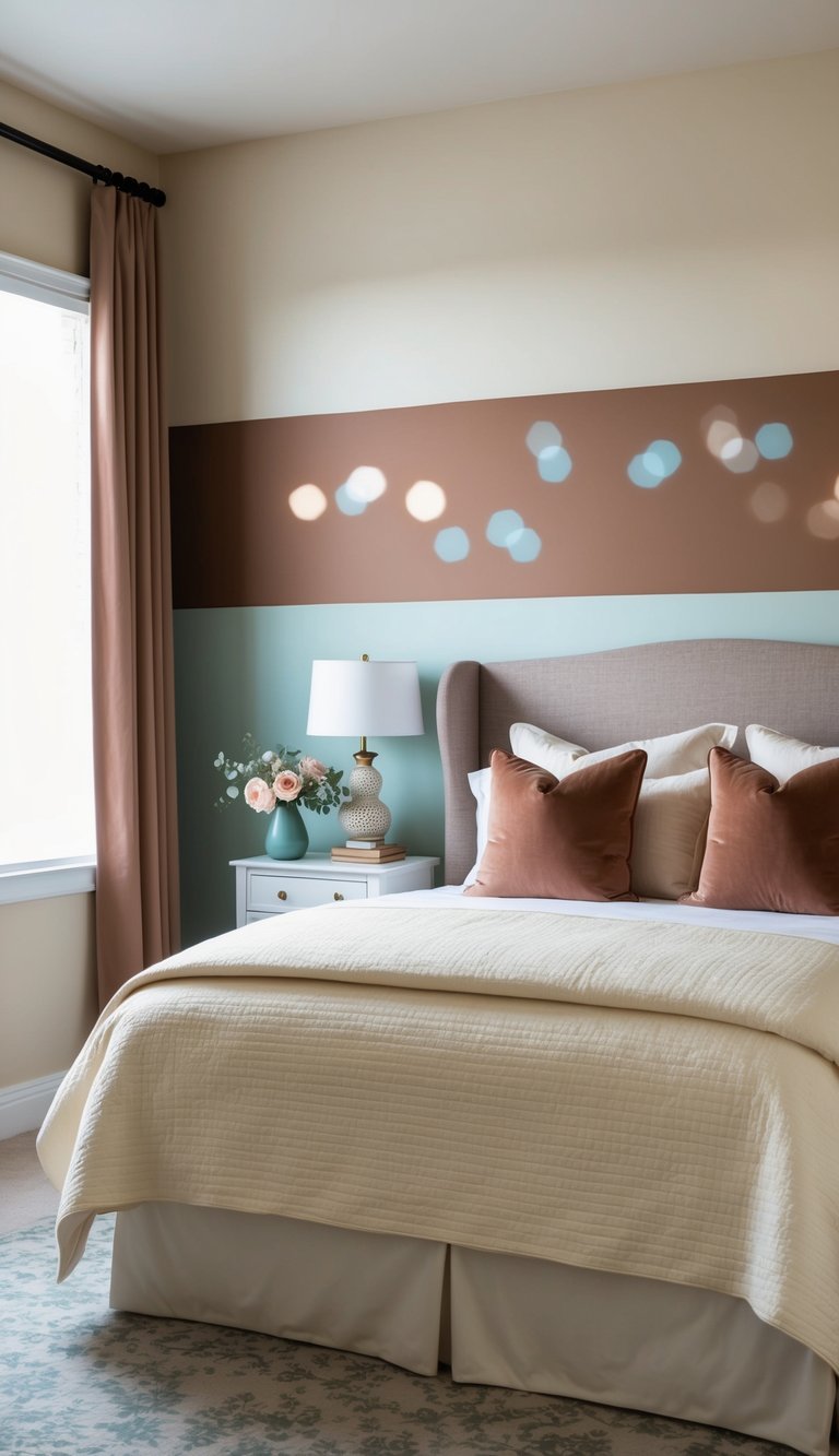 A serene bedroom with cream bedding, soft beige walls, and accents of warm brown, dusty rose, sage green, and pale blue