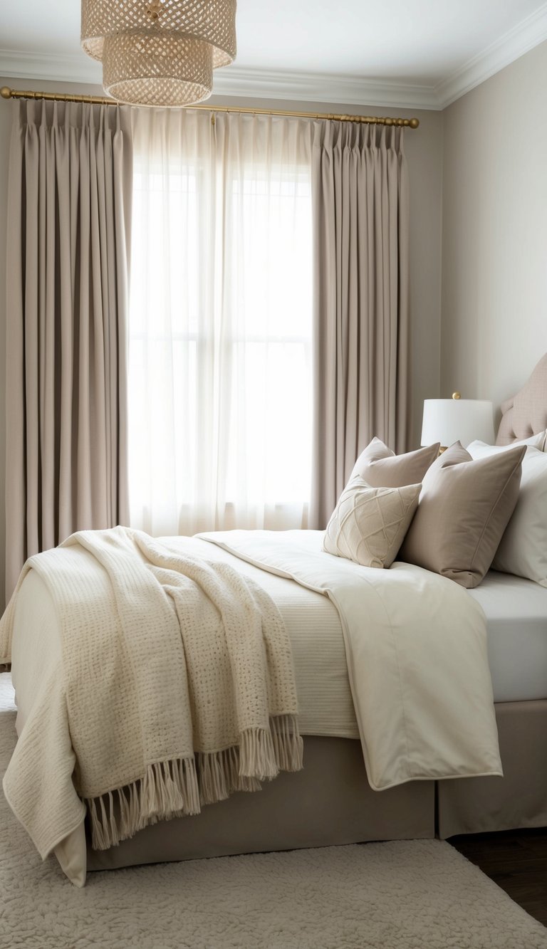 A bedroom with cream and taupe color scheme. Soft blankets, pillows, and curtains in cozy neutrals