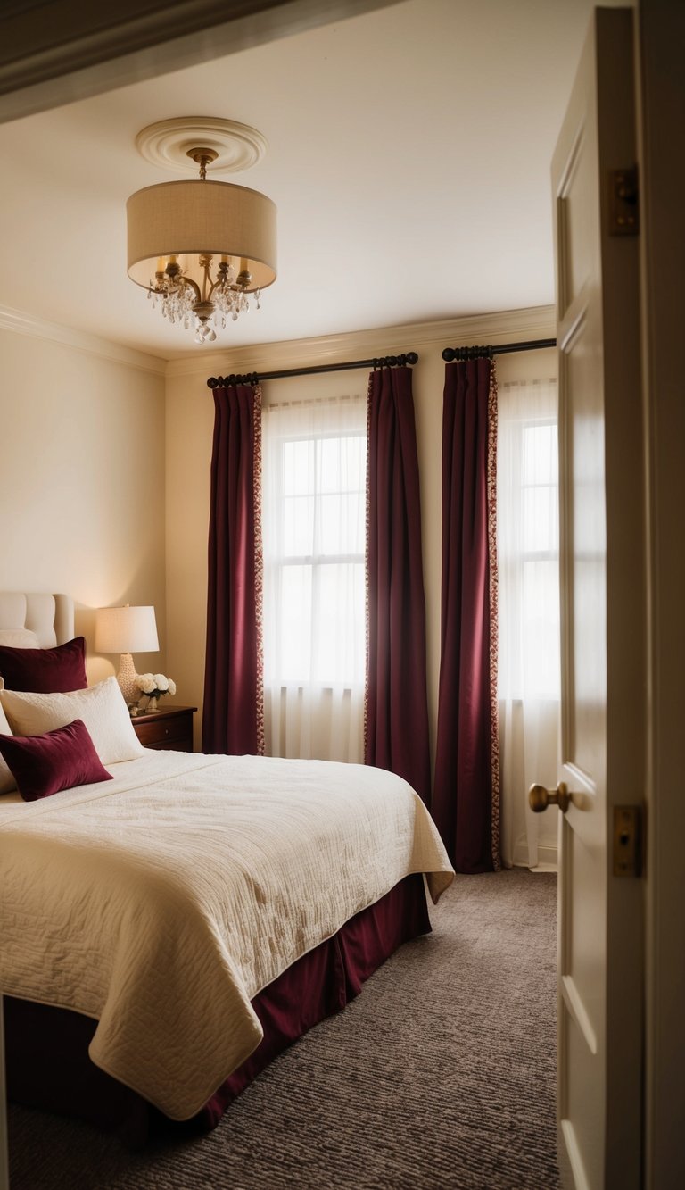 A cozy bedroom with cream walls and burgundy accents. A cream bedspread and curtains add warmth and elegance to the room