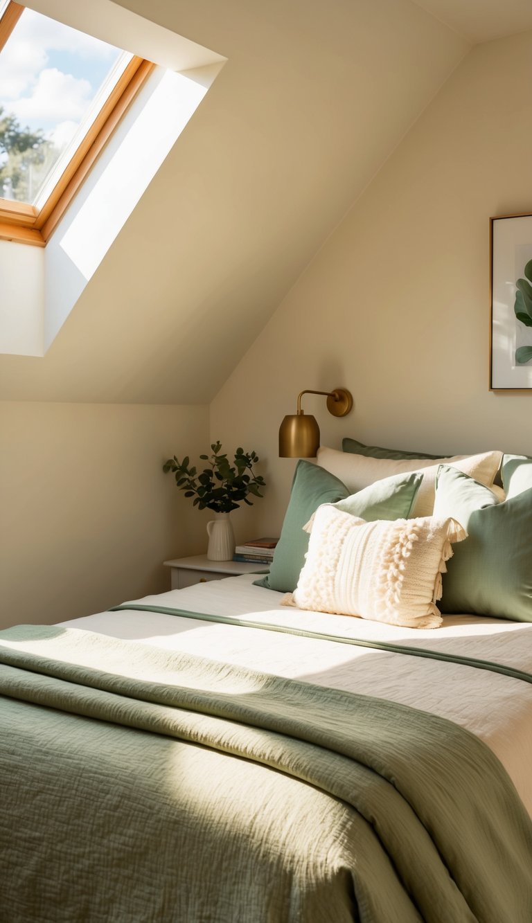 A cozy bedroom with cream walls, sage green bedding, and accents of soft cream and green decor. Sunlight streams through the window, casting a warm glow over the serene space