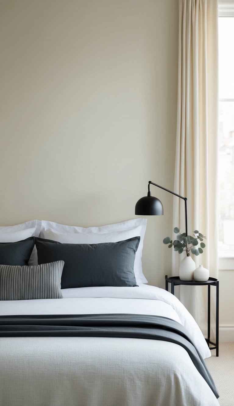 A bedroom with cream and charcoal color scheme. Minimalist decor, clean lines, and a serene atmosphere