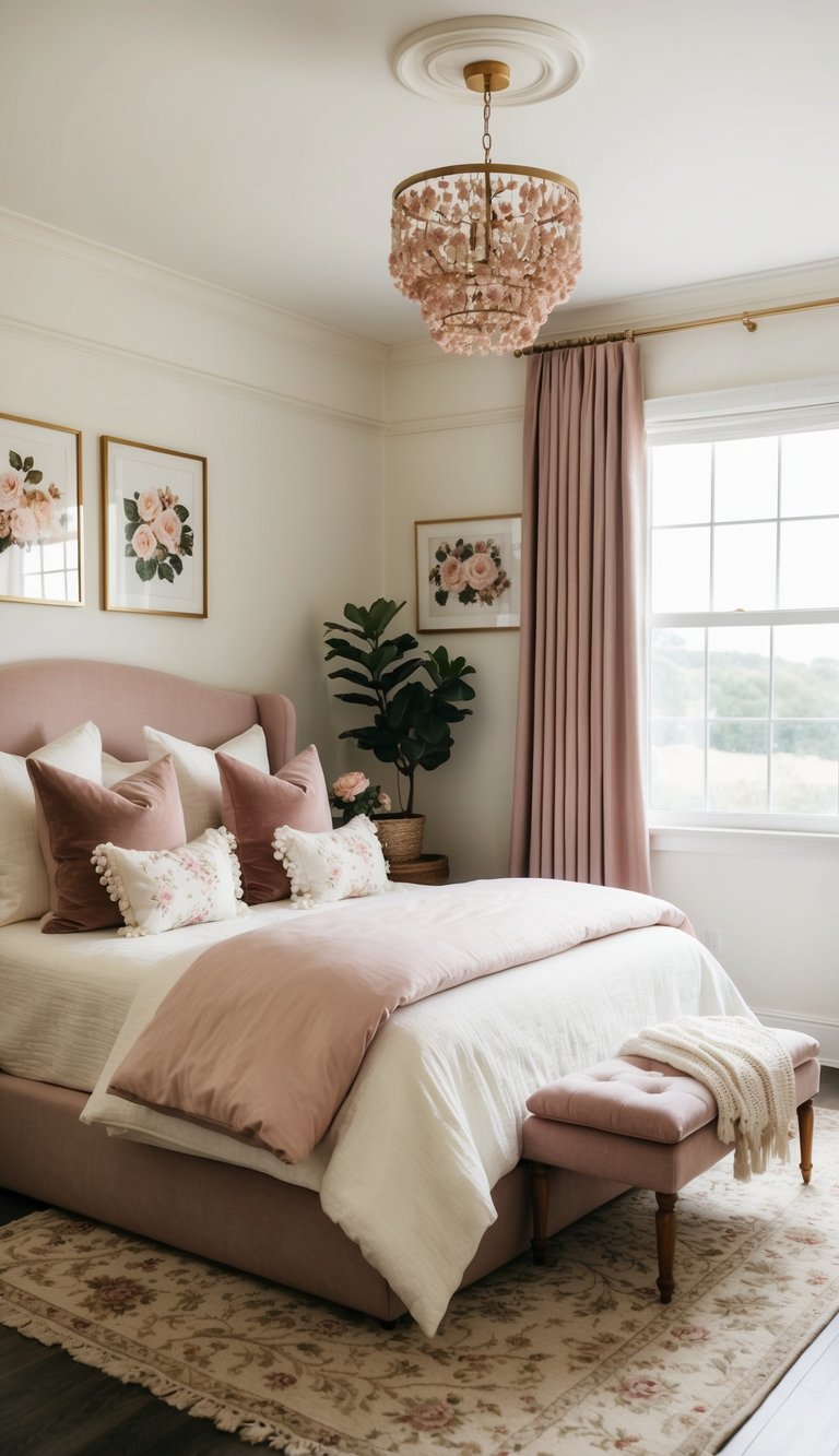 A cozy bedroom with cream and dusty rose accents: cream bedding, dusty rose curtains, vintage floral prints, and a cream and rose rug