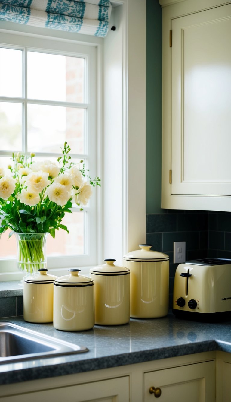 Cream-colored canisters, dish towels, and a toaster sit on the kitchen counter. A vase of cream-colored flowers adds a pop of color to the room