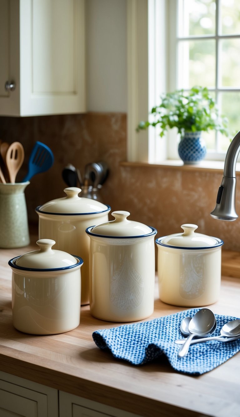 A kitchen counter with cream-colored ceramic canisters, surrounded by matching accessories like a tea towel, utensil holder, and vase