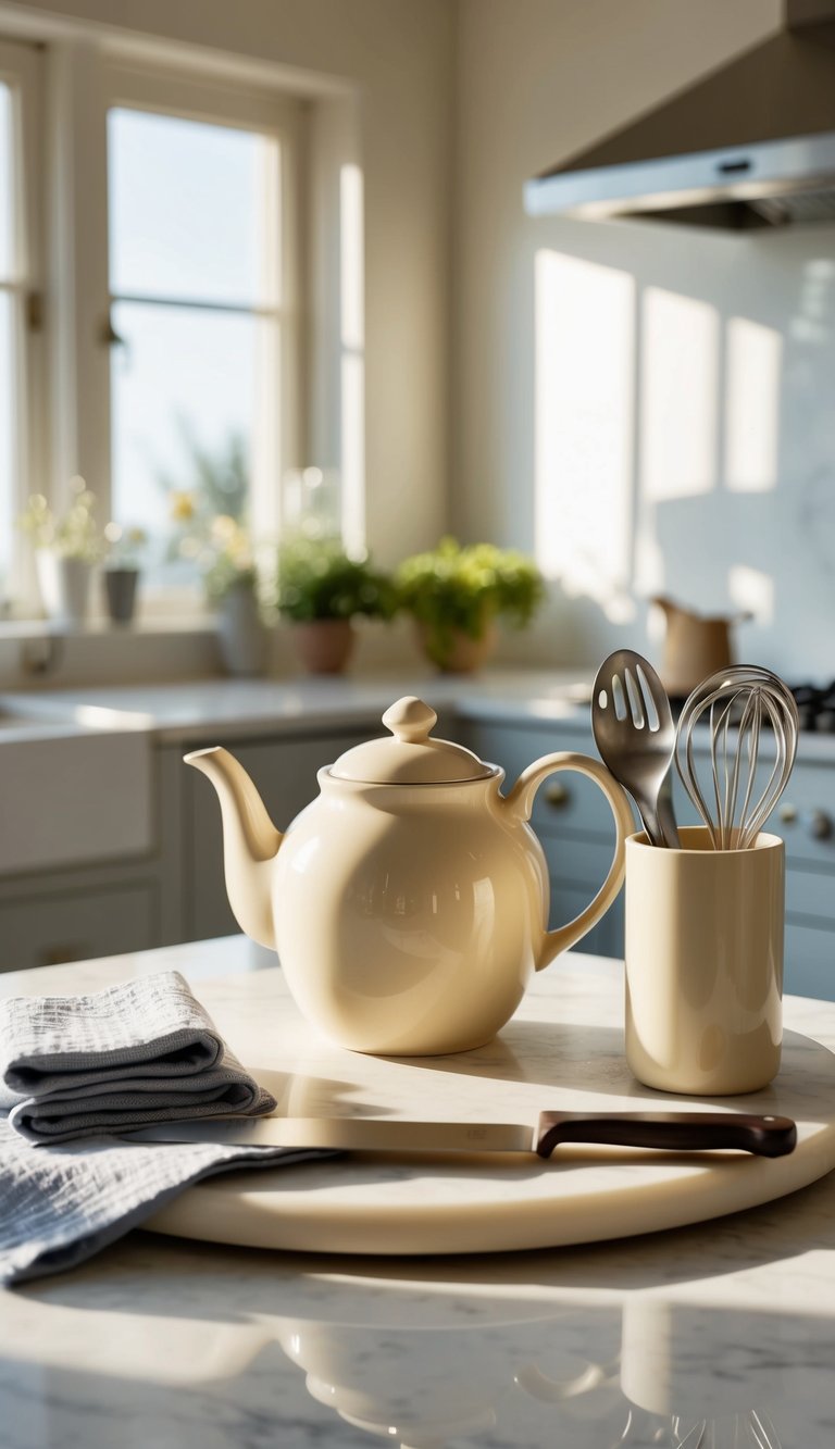 A cream-colored teapot, dish towels, and utensil holder sit on an ivory marble cutting board in a sunlit kitchen