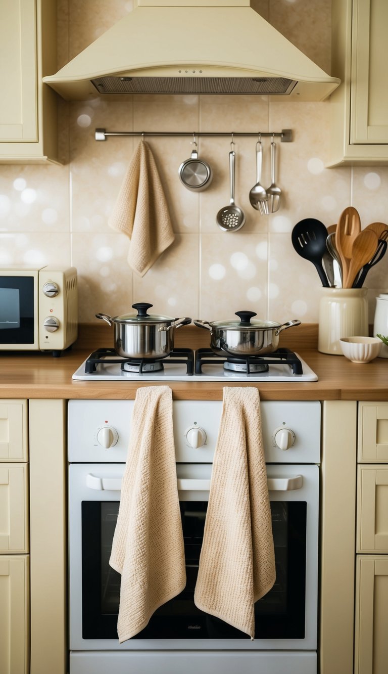 A beige kitchen towel set hangs from a cream-colored oven handle, surrounded by matching utensils and small appliances on the counter