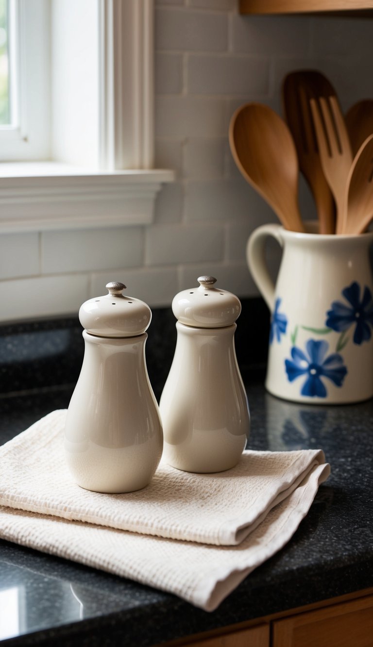 Two off-white ceramic salt and pepper shakers sit on a kitchen counter next to a cream-colored tea towel and a matching ceramic utensil holder