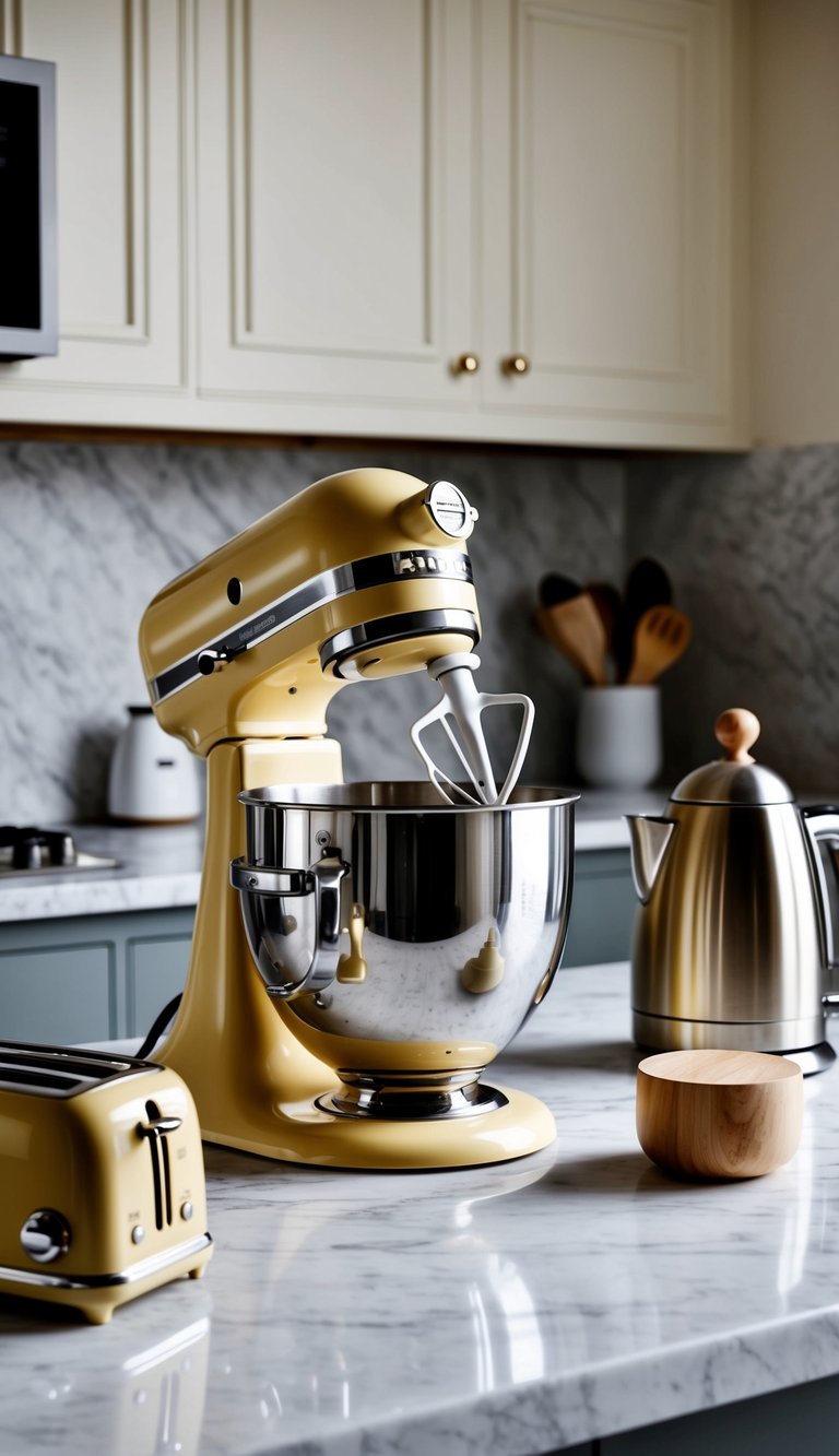 A cream-colored mixer sits on a marble countertop, surrounded by matching kitchen accessories such as a toaster, tea kettle, and utensil holder