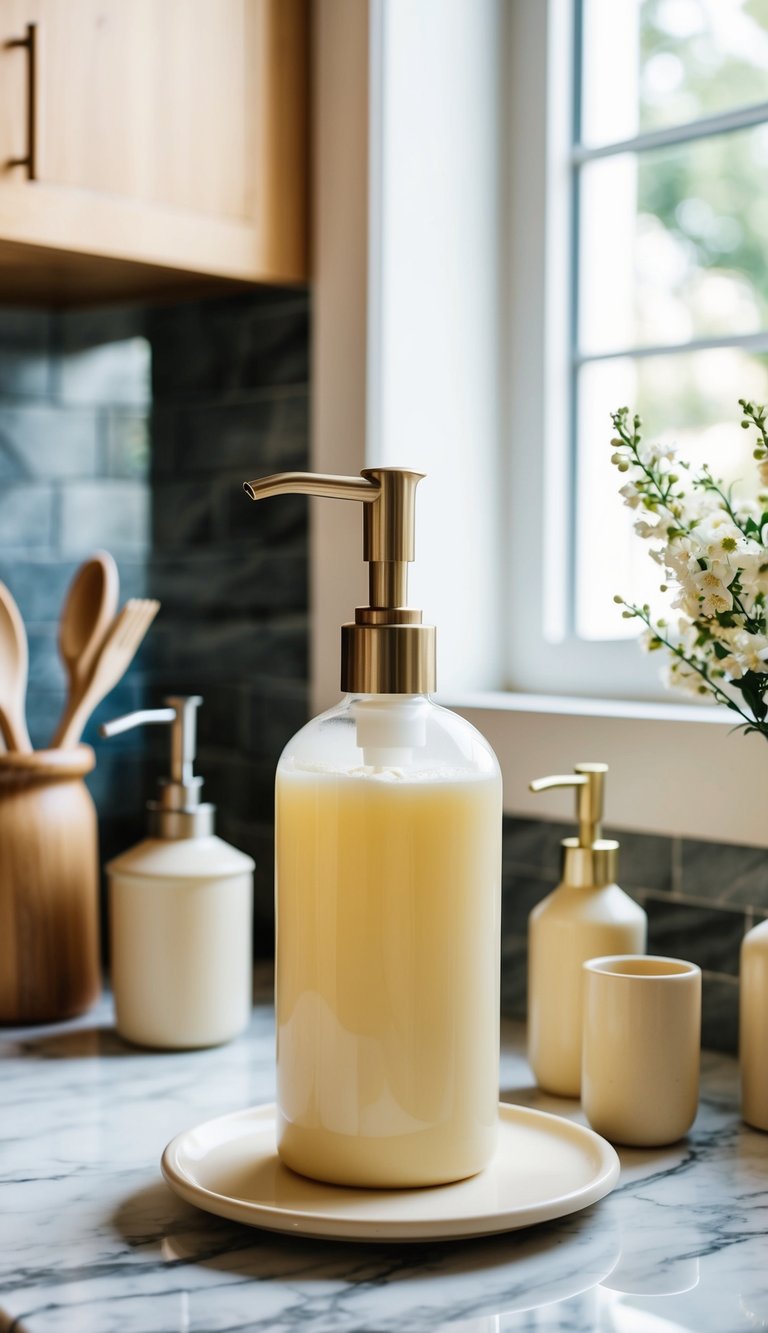 A cream-colored dish soap dispenser sits on a marble countertop surrounded by matching kitchen accessories