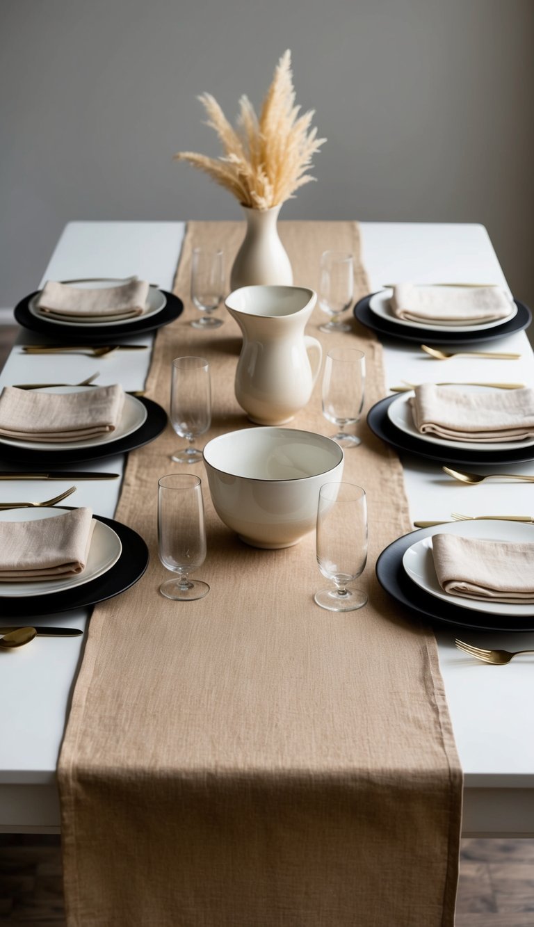 A tan linen table runner with cream-colored kitchen accessories arranged around it