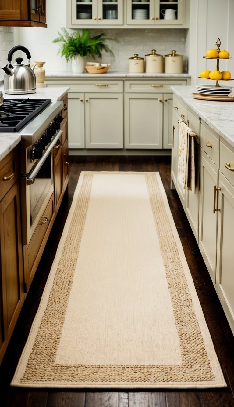 A cream-colored kitchen rug sits in front of a wooden island, surrounded by matching accessories like a tea kettle, canisters, and dish towels