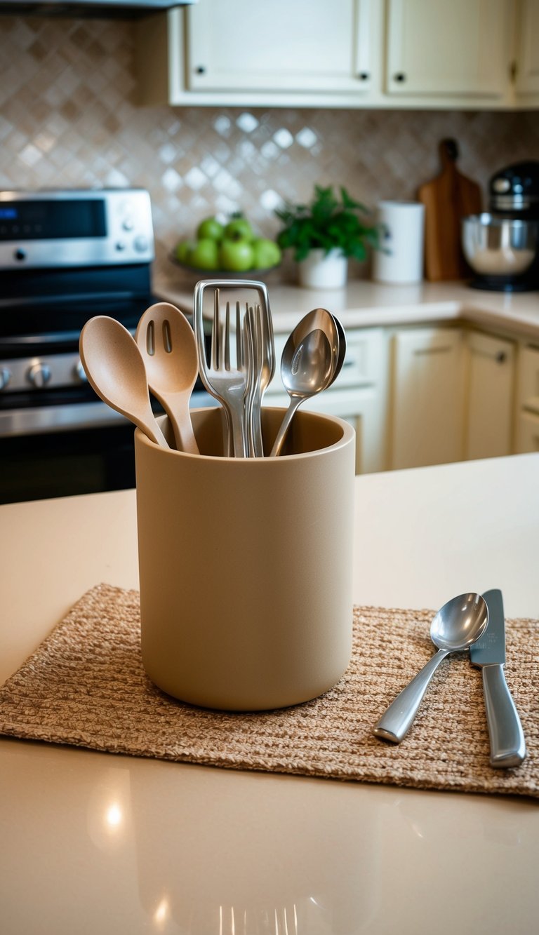 A sand-colored utensil holder sits on a cream countertop, surrounded by matching kitchen accessories