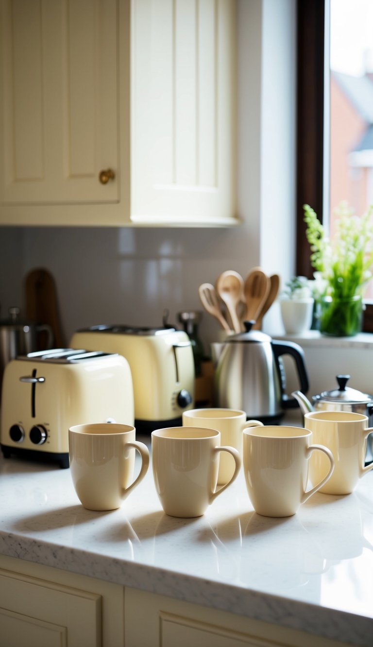 A kitchen counter with a set of pale buttercream mugs surrounded by cream-colored accessories like a toaster, tea kettle, and utensil holder