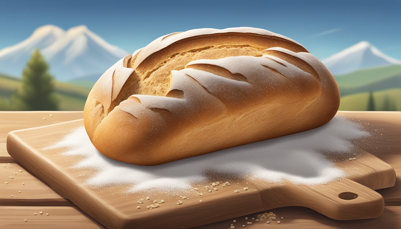 A rustic loaf of sourdough bread sits on a wooden cutting board, surrounded by a scattering of flour and a few scattered grains of wheat. The scene is set against a backdrop of rolling hills and a clear blue sky