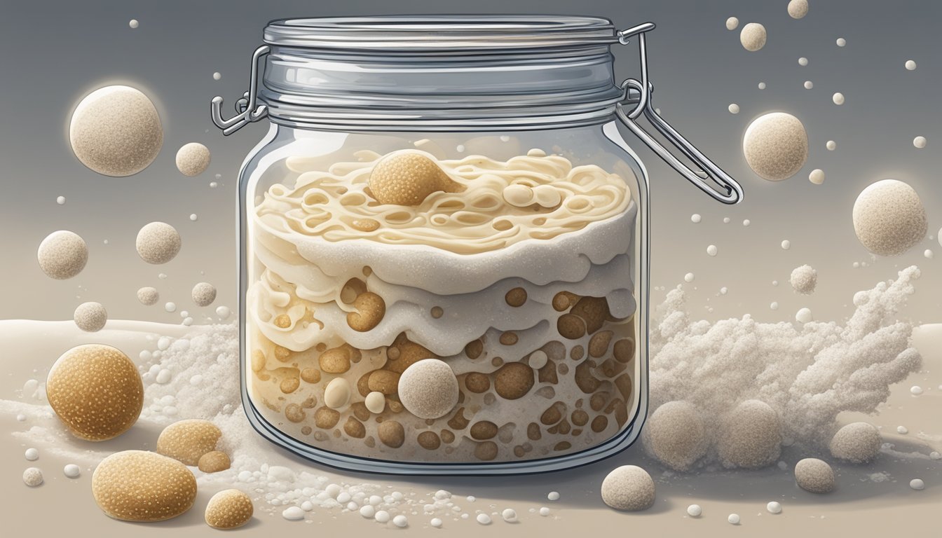 A bubbling sourdough starter sits in a glass jar, surrounded by flour, water, and wild yeast. Microscopic bacteria and fungi swirl around the mixture, creating a complex and diverse ecosystem