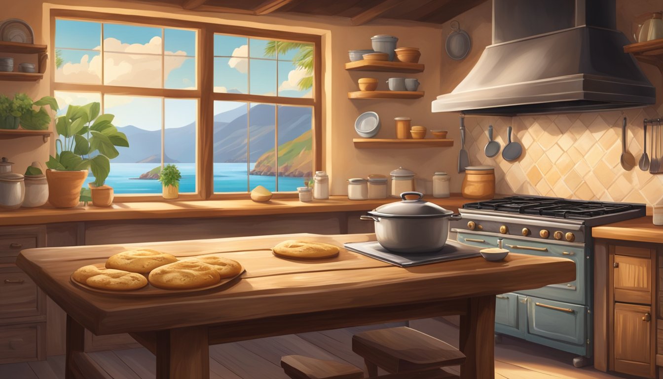 A rustic kitchen with a view of the ocean or mountains, a wooden table covered in flour and dough, a vintage oven, and a warm, inviting glow