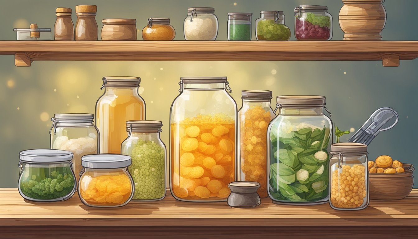 A glass jar of fermenting liquid sits on a wooden shelf, surrounded by various ingredients and tools. The warm temperature causes bubbles to rise to the surface, indicating the ongoing fermentation process